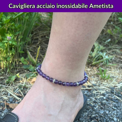 Cavigliera regolabile con Ametista ed inserti in acciaio inox - Zen Home