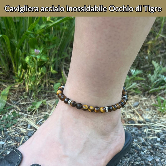 Cavigliera regolabile con Occhio di TIgre ed inserti in acciaio inox - Zen Home