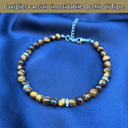 Cavigliera regolabile con Occhio di TIgre ed inserti in acciaio inox - Zen Home