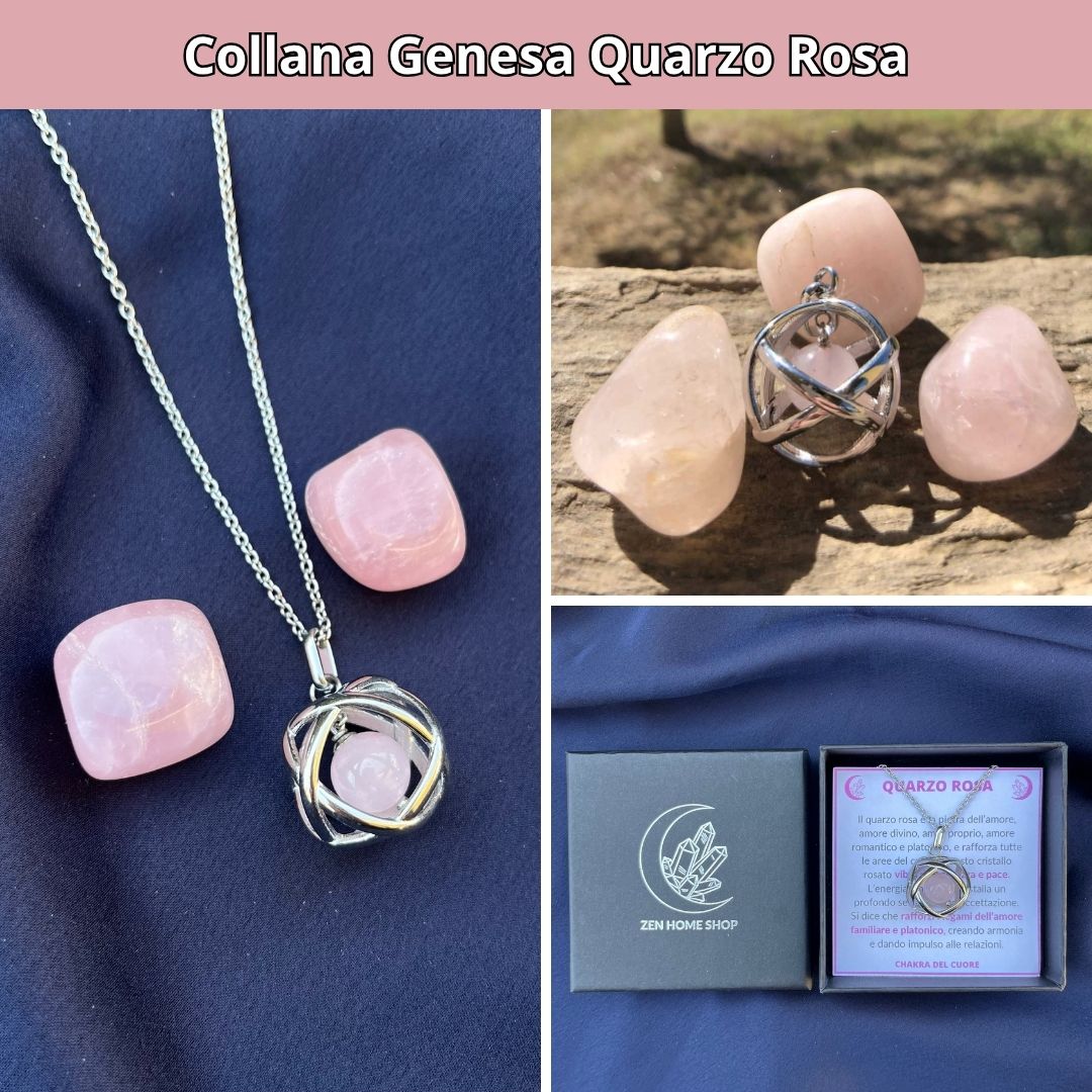 Collana ciondolo Genesa Quarzo Rosa - Acciaio Inox - Zen Home