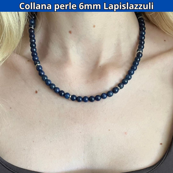 Collana di perle di lapislazzuli semi preziose naturali rotonde, colore blu e perline in acciaio inossidabile argento o oro, collana girocollo - Italia Collana di perle di lapislazzuli semi preziose naturali rotonde, colore blu e perline in acciaio inossidabile argento o oro, collana girocollo - Italia