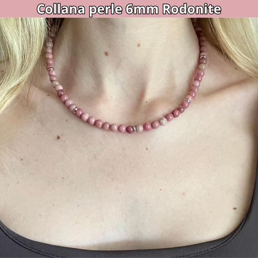 Collana con perle naturali Rodonite da 6 mm - Zen Home