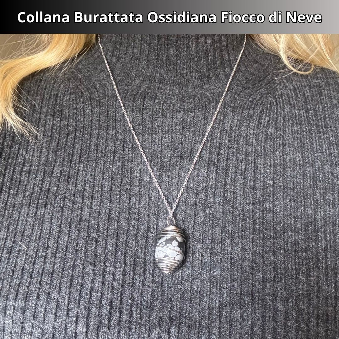 Collana Ossidiana Fiocco di Neve Burattata con Spirale in Acciaio Inossidabile - Zen Home