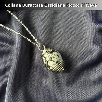Collana Ossidiana Fiocco di Neve Burattata con Spirale in Acciaio Inossidabile - Zen Home