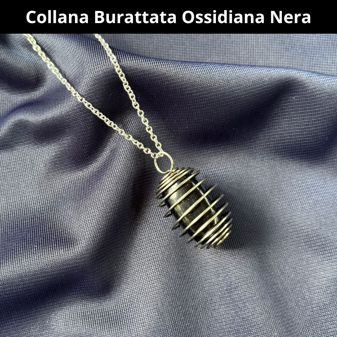 Collana Ossidiana Nera Burattata con Spirale in Acciaio Inossidabile - Zen Home