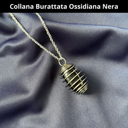 Collana Ossidiana Nera Burattata con Spirale in Acciaio Inossidabile - Zen Home