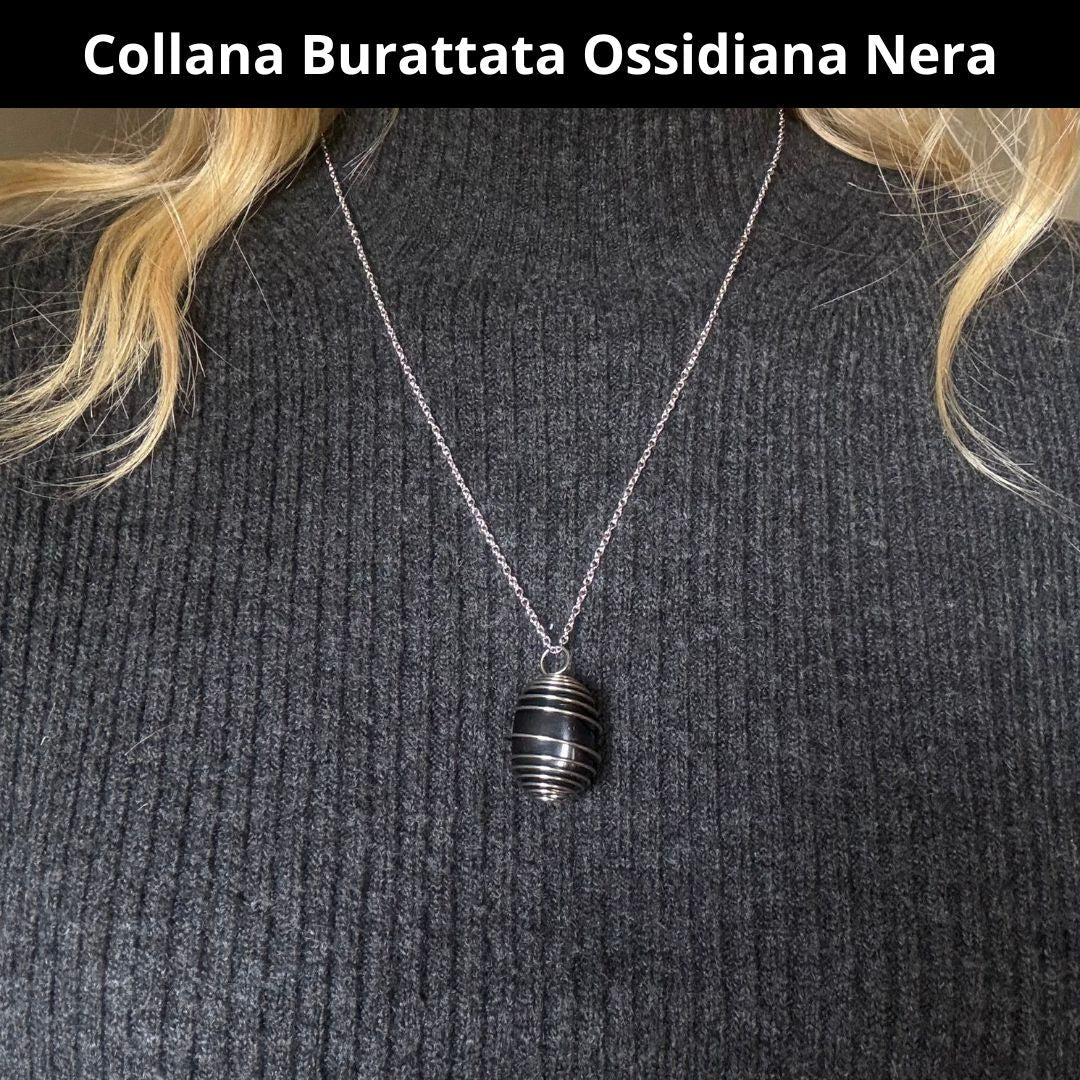 Collana Ossidiana Nera Burattata con Spirale in Acciaio Inossidabile - Zen Home