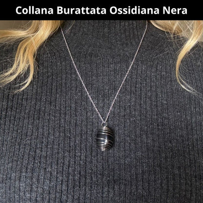 Collana Ossidiana Nera Burattata con Spirale in Acciaio Inossidabile - Zen Home