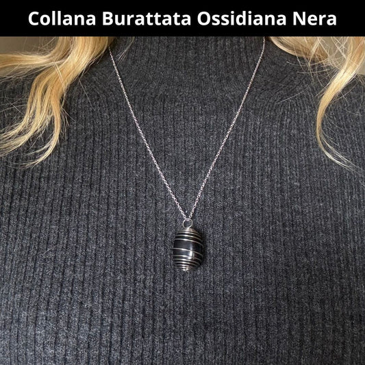 Collana Ossidiana Nera Burattata con Spirale in Acciaio Inossidabile - Zen Home