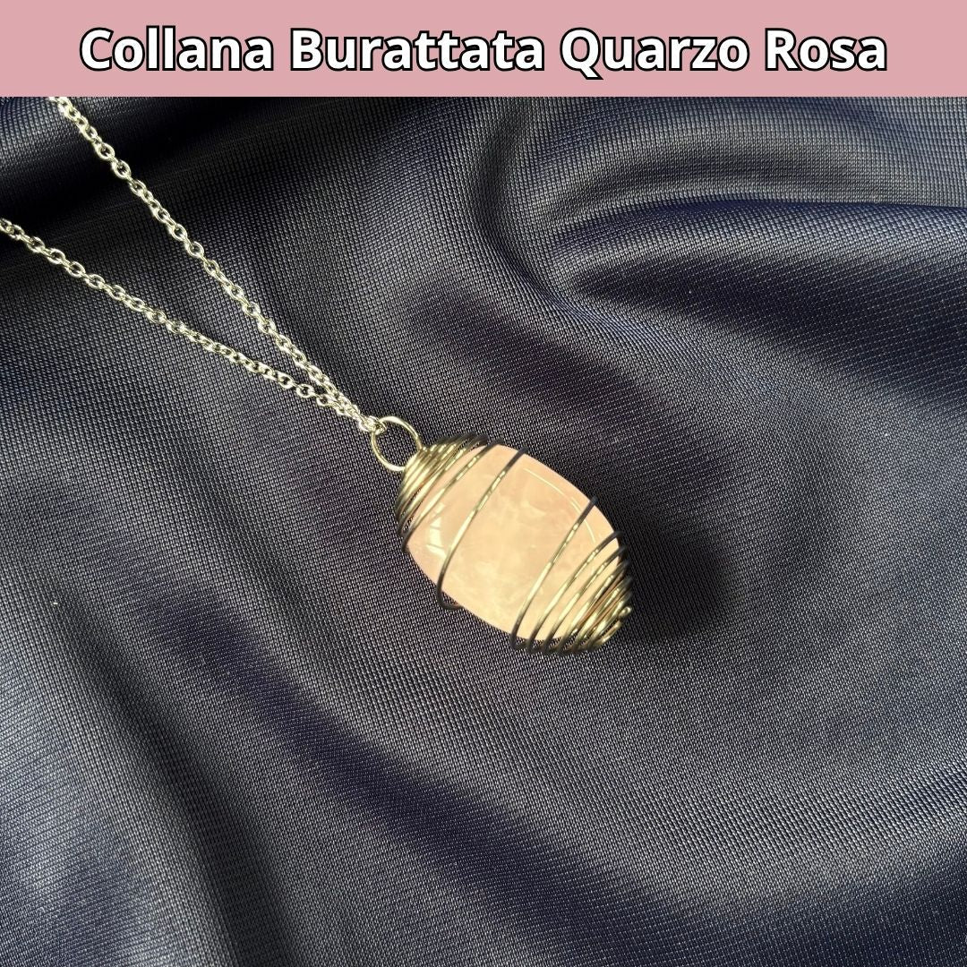 Collana Quarzo Rosa Burattata con Spirale in Acciaio Inossidabile - Zen Home
