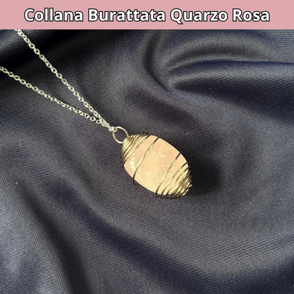 Collana Quarzo Rosa Burattata con Spirale in Acciaio Inossidabile - Zen Home
