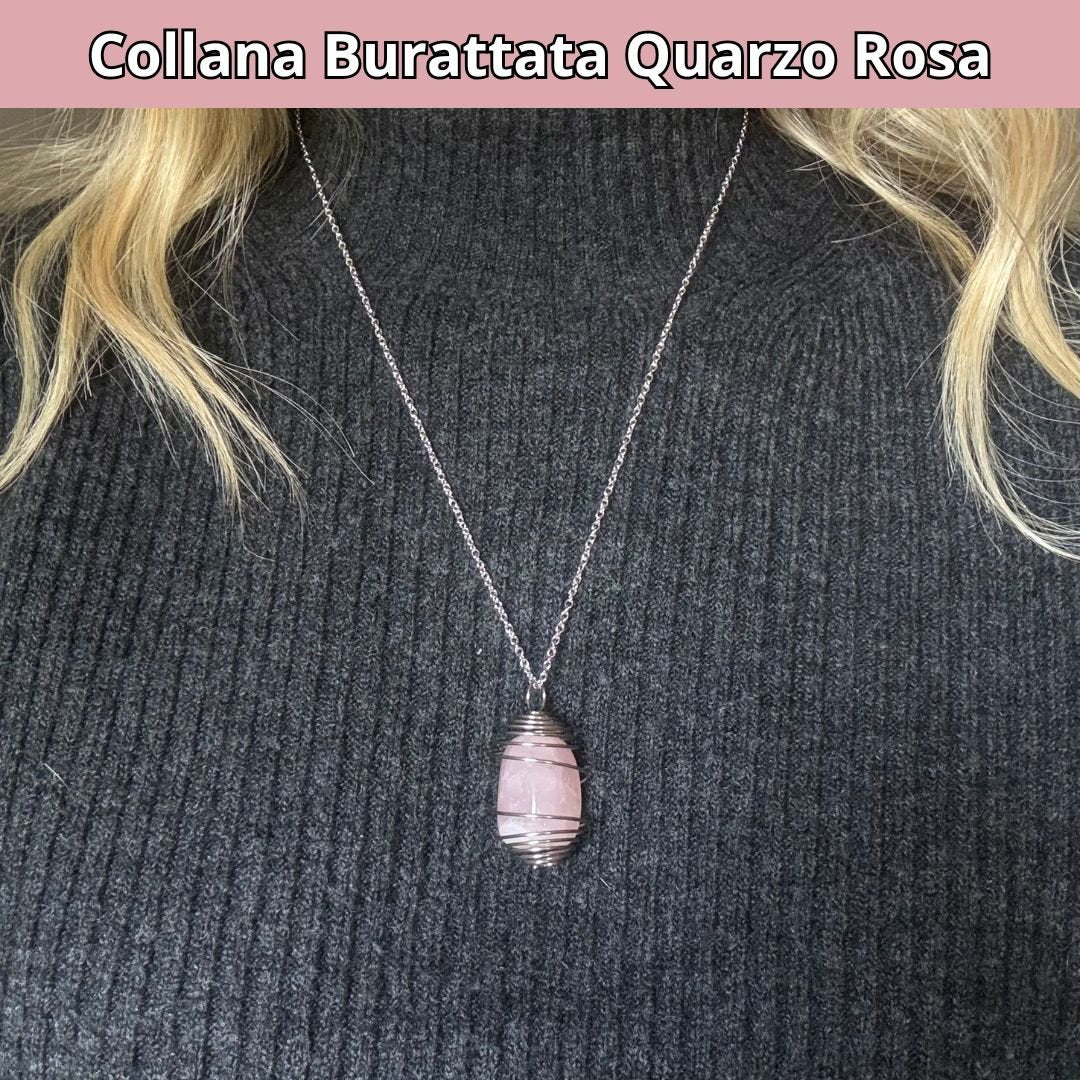 Collana Quarzo Rosa Burattata con Spirale in Acciaio Inossidabile - Zen Home