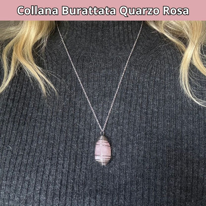 Collana Quarzo Rosa Burattata con Spirale in Acciaio Inossidabile - Zen Home