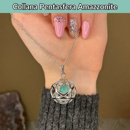 Collana Regolabile Ciondolo Pentasfera in acciaio inossidabile con pietra naturale Amazzonite - Zen Home