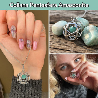 Collana Regolabile Ciondolo Pentasfera in acciaio inossidabile con pietra naturale Amazzonite - Zen Home
