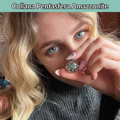 Collana Regolabile Ciondolo Pentasfera in acciaio inossidabile con pietra naturale Amazzonite - Zen Home