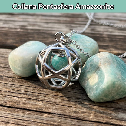 Collana Regolabile Ciondolo Pentasfera in acciaio inossidabile con pietra naturale Amazzonite - Zen Home