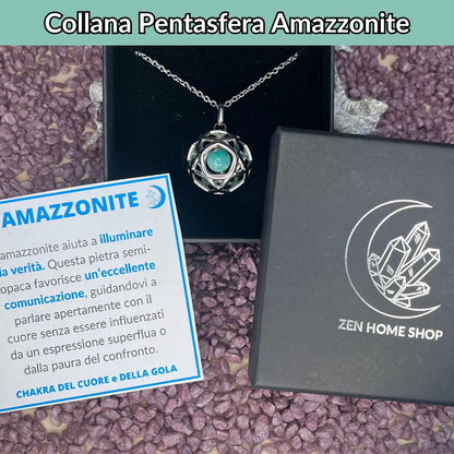 Collana Regolabile Ciondolo Pentasfera in acciaio inossidabile con pietra naturale Amazzonite - Zen Home