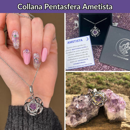 Collana Regolabile Ciondolo Pentasfera in acciaio inossidabile con pietra naturale Ametista - Zen Home