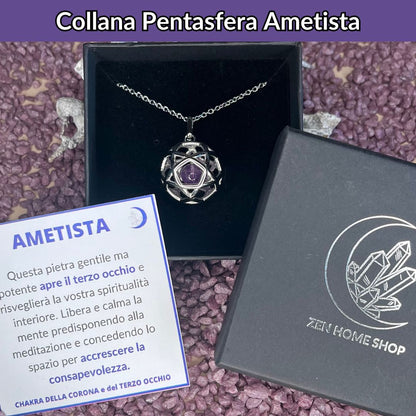 Collana Regolabile Ciondolo Pentasfera in acciaio inossidabile con pietra naturale Ametista - Zen Home