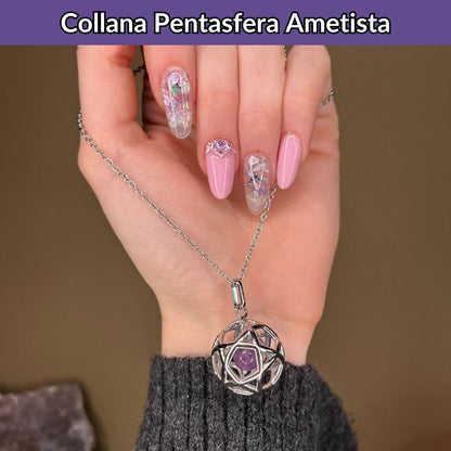 Collana Regolabile Ciondolo Pentasfera in acciaio inossidabile con pietra naturale Ametista - Zen Home