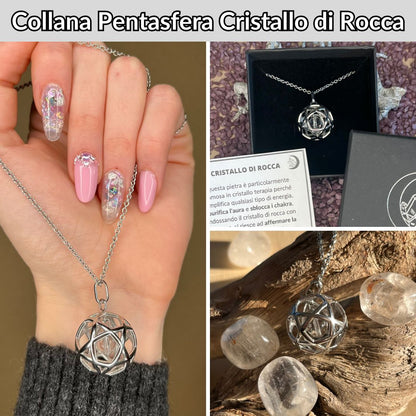 Collana Regolabile Ciondolo Pentasfera in acciaio inossidabile con pietra naturale Cristallo di rocca - Zen Home