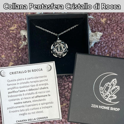 Collana Regolabile Ciondolo Pentasfera in acciaio inossidabile con pietra naturale Cristallo di rocca - Zen Home