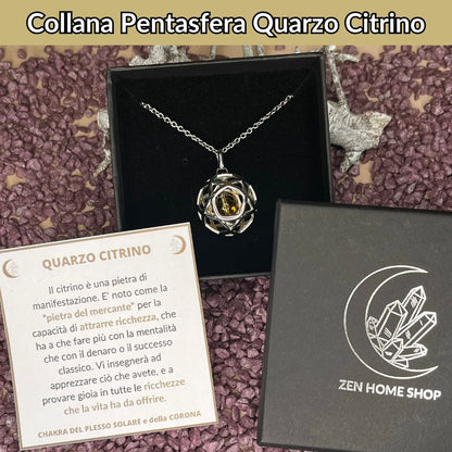 Collana Regolabile Ciondolo Pentasfera in acciaio inossidabile con pietra naturale Quarzo Citrino - Zen Home