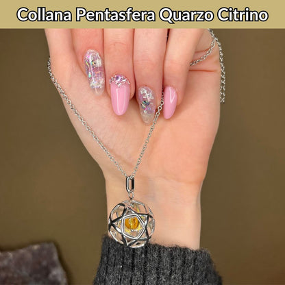 Collana Regolabile Ciondolo Pentasfera in acciaio inossidabile con pietra naturale Quarzo Citrino - Zen Home