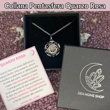 Collana Regolabile Ciondolo Pentasfera in acciaio inossidabile con pietra naturale Quarzo Rosa - Zen Home