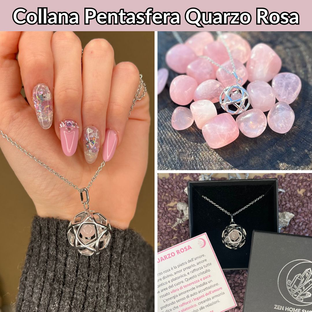Collana Regolabile Ciondolo Pentasfera in acciaio inossidabile con pietra naturale Quarzo Rosa - Zen Home