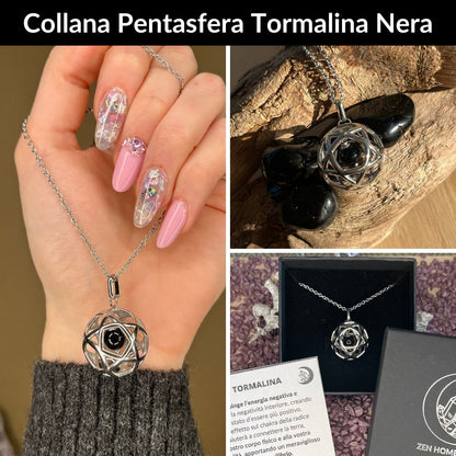 Collana Regolabile Ciondolo Pentasfera in acciaio inossidabile con pietra naturale Tormalina Nera - Zen Home