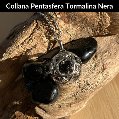 Collana Regolabile Ciondolo Pentasfera in acciaio inossidabile con pietra naturale Tormalina Nera - Zen Home