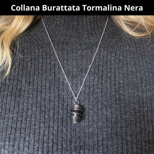 Collana Tormalina Nera Burattata con Spirale in Acciaio Inossidabile - Zen Home