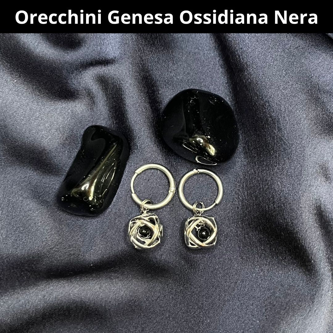 Orecchini Ciondolo Genesa in acciaio inossidabile con pietra naturale Ossidiana Nera - Zen Home