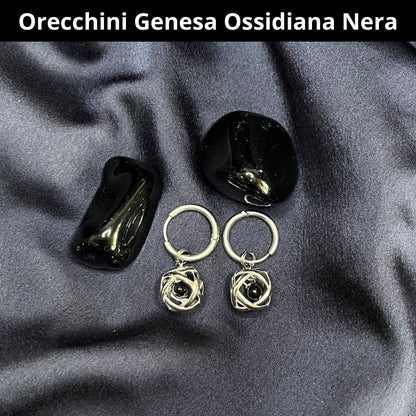 Orecchini Ciondolo Genesa in acciaio inossidabile con pietra naturale Ossidiana Nera - Zen Home
