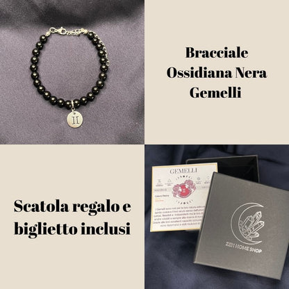 Ossidiana Nera Segni Zodiacali - Bracciale regolabile in acciaio inossidabile e pietre naturali da 6mm - Zen Home