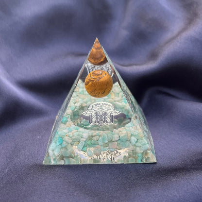 Piramide Orgonite Amazzonite - Occhio di Tigre - Mano di Fatima Argento - Zen Home