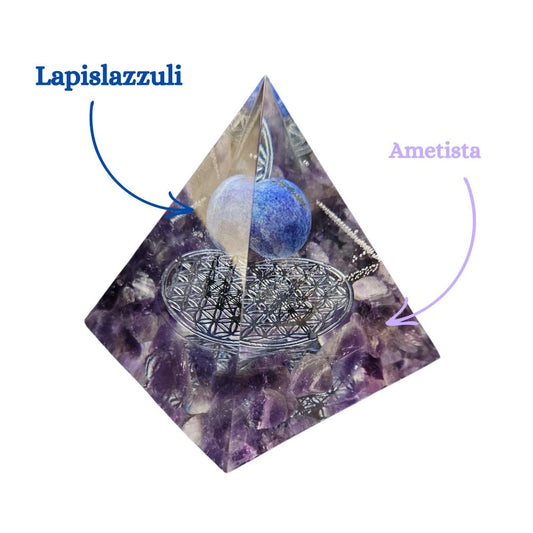 Piramide Orgonite Ametista - Lapislazzuli - Fiore della Vita Argento (Led Incluso) - Zen Home