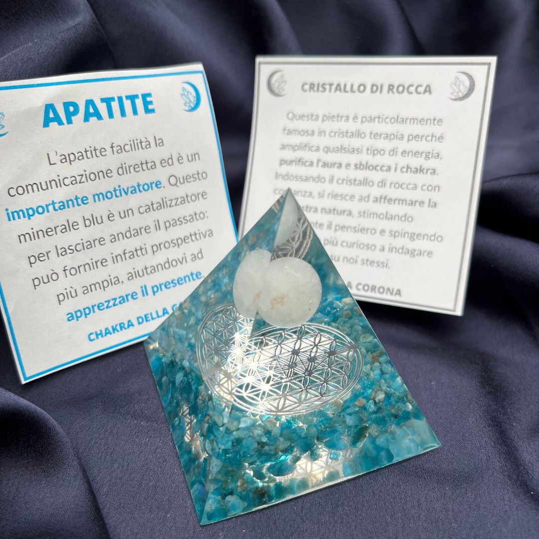 Piramide Orgonite Apatite + Cristallo di Rocca + Fiore della Vita - Zen Home
