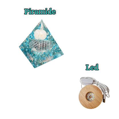 Piramide Orgonite Apatite + Cristallo di Rocca + Fiore della Vita (Led Incluso) - Zen Home