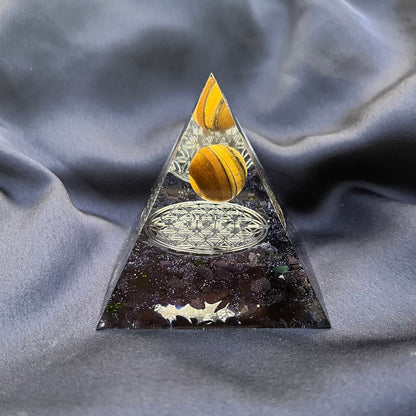 Piramide Orgonite Blu Gold Stone - Occhio di Tigre - Fiore della Vita argento - Zen Home