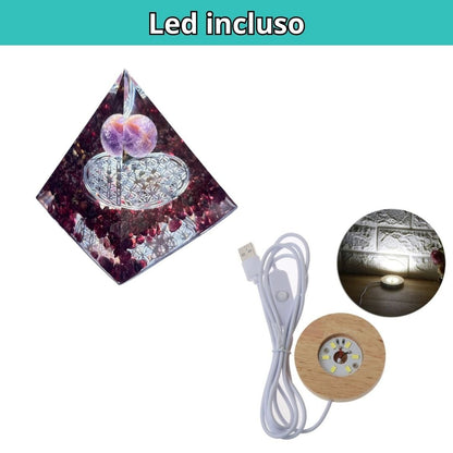 Piramide Orgonite Granato - Ametista - Fiore della Vita argento (led incluso) - Zen Home