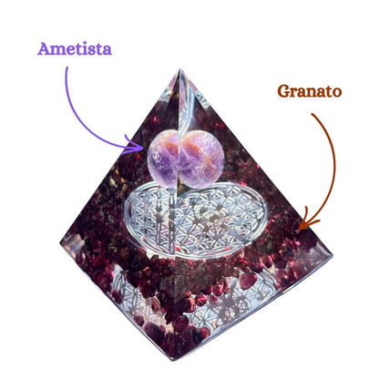 Piramide Orgonite Granato - Ametista - Fiore della Vita argento (led incluso) - Zen Home
