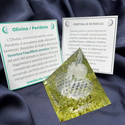 Piramide Orgonite Olivina + Cristallo di Rocca + Fiore della Vita - Zen Home