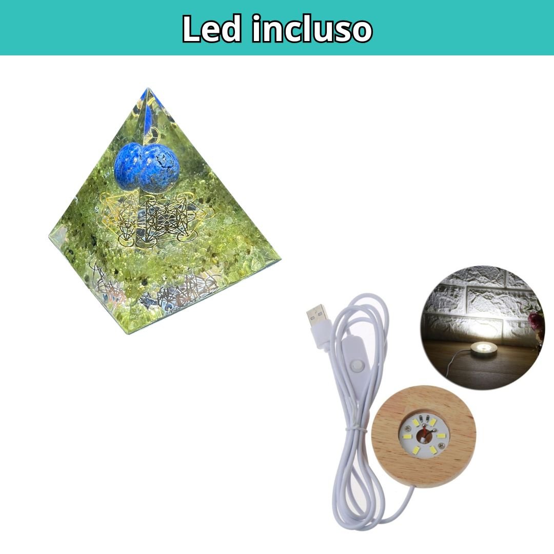 Piramide Orgonite Olivina - Lapislazzuli - Metatron oro (led incluso) - Zen Home