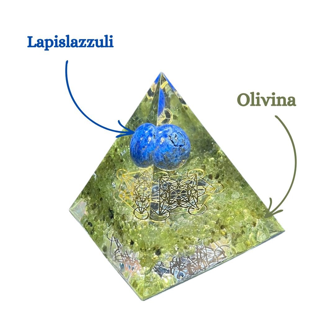 Piramide Orgonite Olivina - Lapislazzuli - Metatron oro (led incluso) - Zen Home