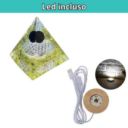 Piramide Orgonite Olivina - Onice Nera - Fiore della vita argento (led incluso) - Zen Home