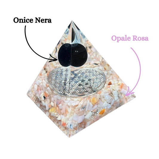 Piramide Orgonite Opale Rosa - Onice Nera - Fiore della vita argento Led incluso - Zen Home
