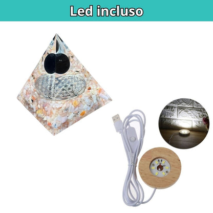 Piramide Orgonite Opale Rosa - Onice Nera - Fiore della vita argento Led incluso - Zen Home